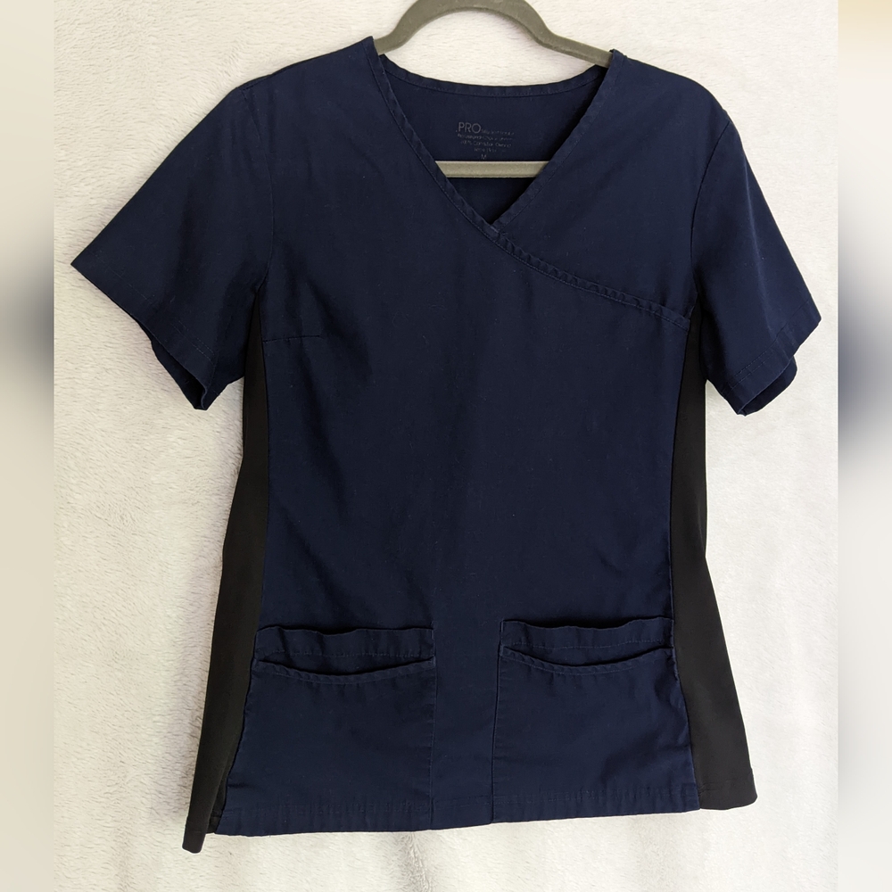 PRO Body Flex Mock Scrub Top, Medium, Navy, Black Flex Side Panels